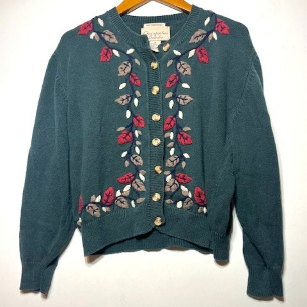 Vintage Christopher and Banks Hand Embroidered Fall Leaf Button Cardigan Sz M